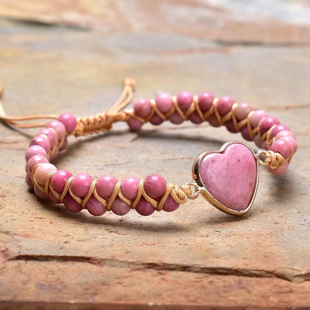 Natural Rhodonite Stone Beaded Bracelet Pink Gemstone Heart Charm Bracelet