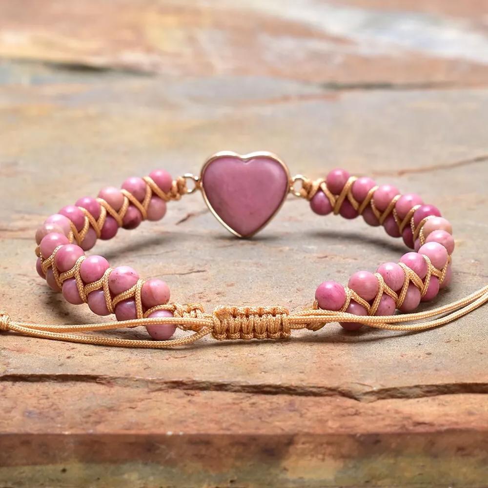 Natural Rhodonite Stone Beaded Bracelet Pink Gemstone Heart Charm Bracelet