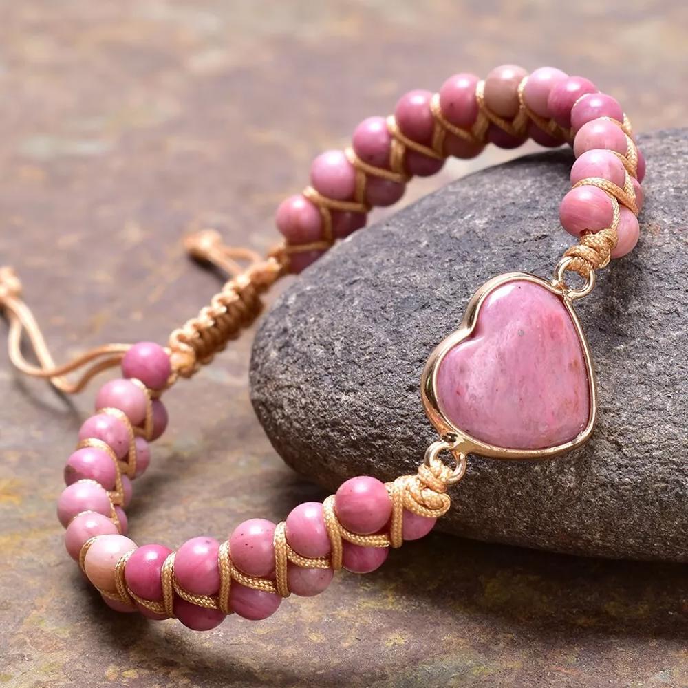 Natural Rhodonite Stone Beaded Bracelet Pink Gemstone Heart Charm Bracelet