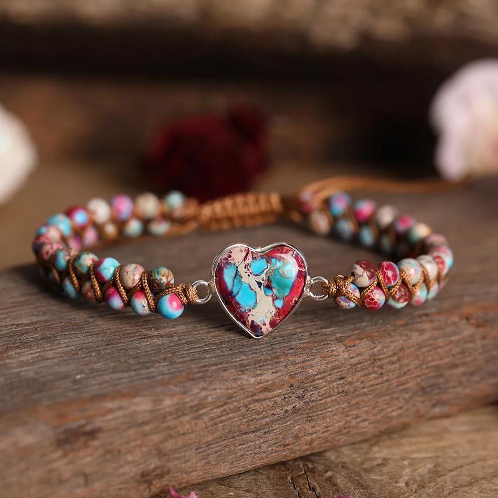 Galaxy Sea Sediment Jasper Heart Charm Braided Bracelet for Anxiety Relief