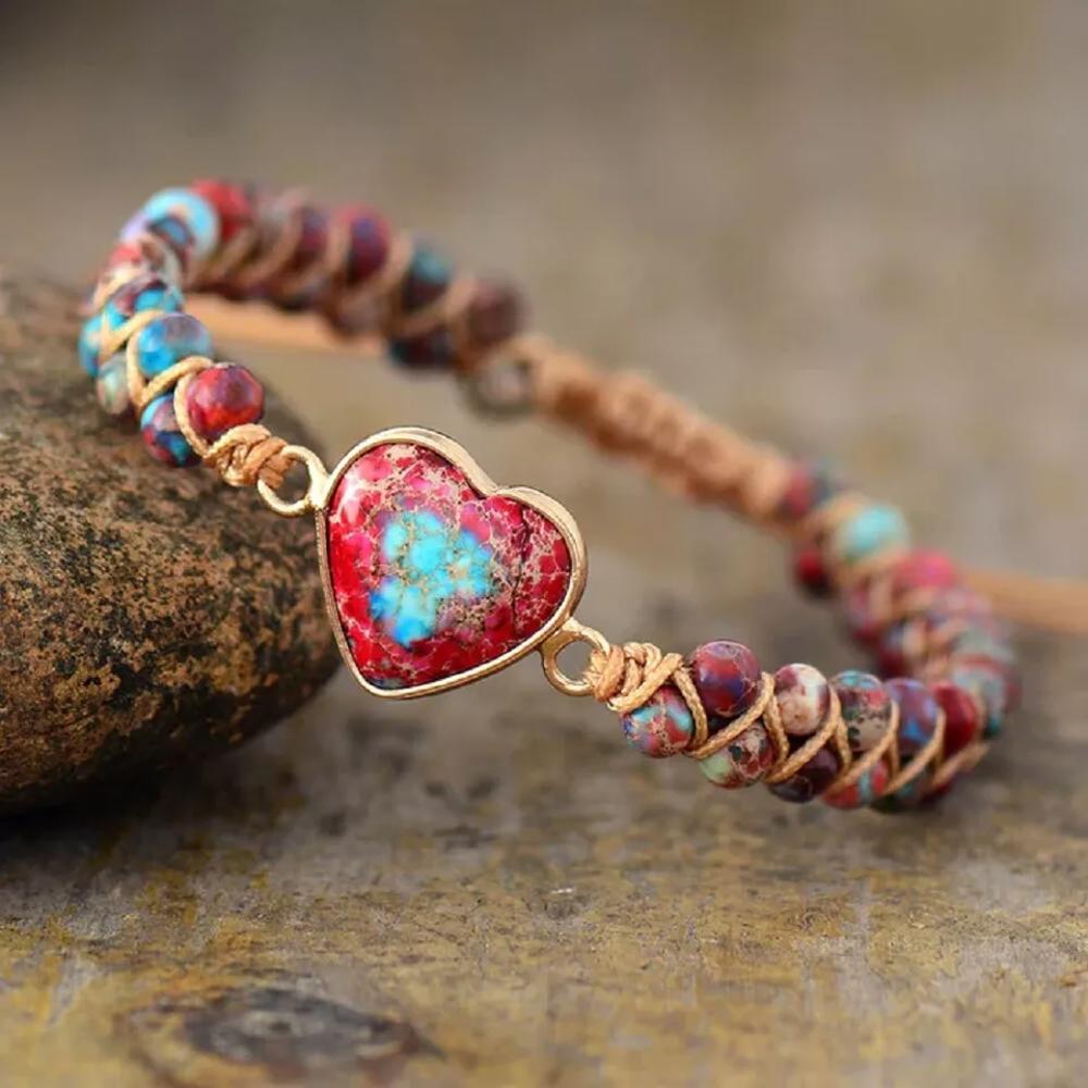 Galaxy Sea Sediment Jasper Heart Charm Braided Bracelet for Anxiety Relief