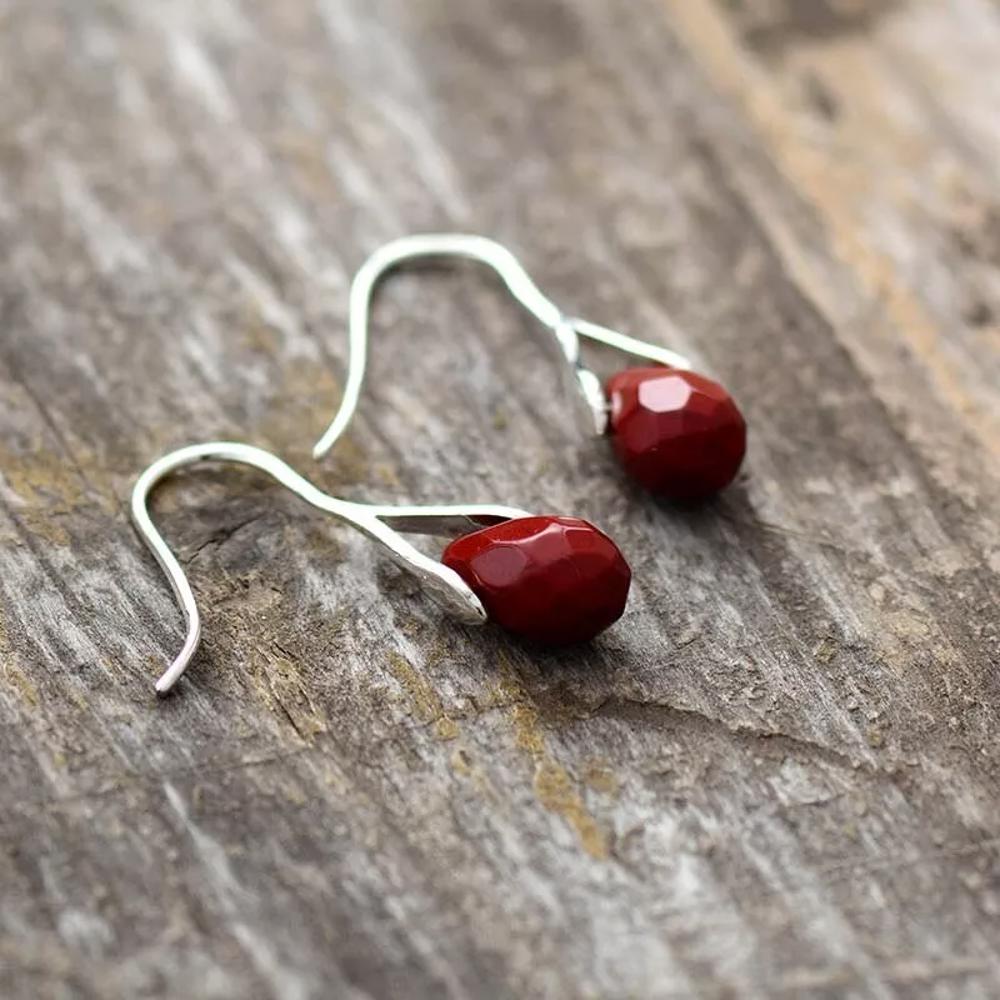 Natural Red Jasper Stone Teardrop Dangle Earrings Red Gemstone Drop Hook Earrings