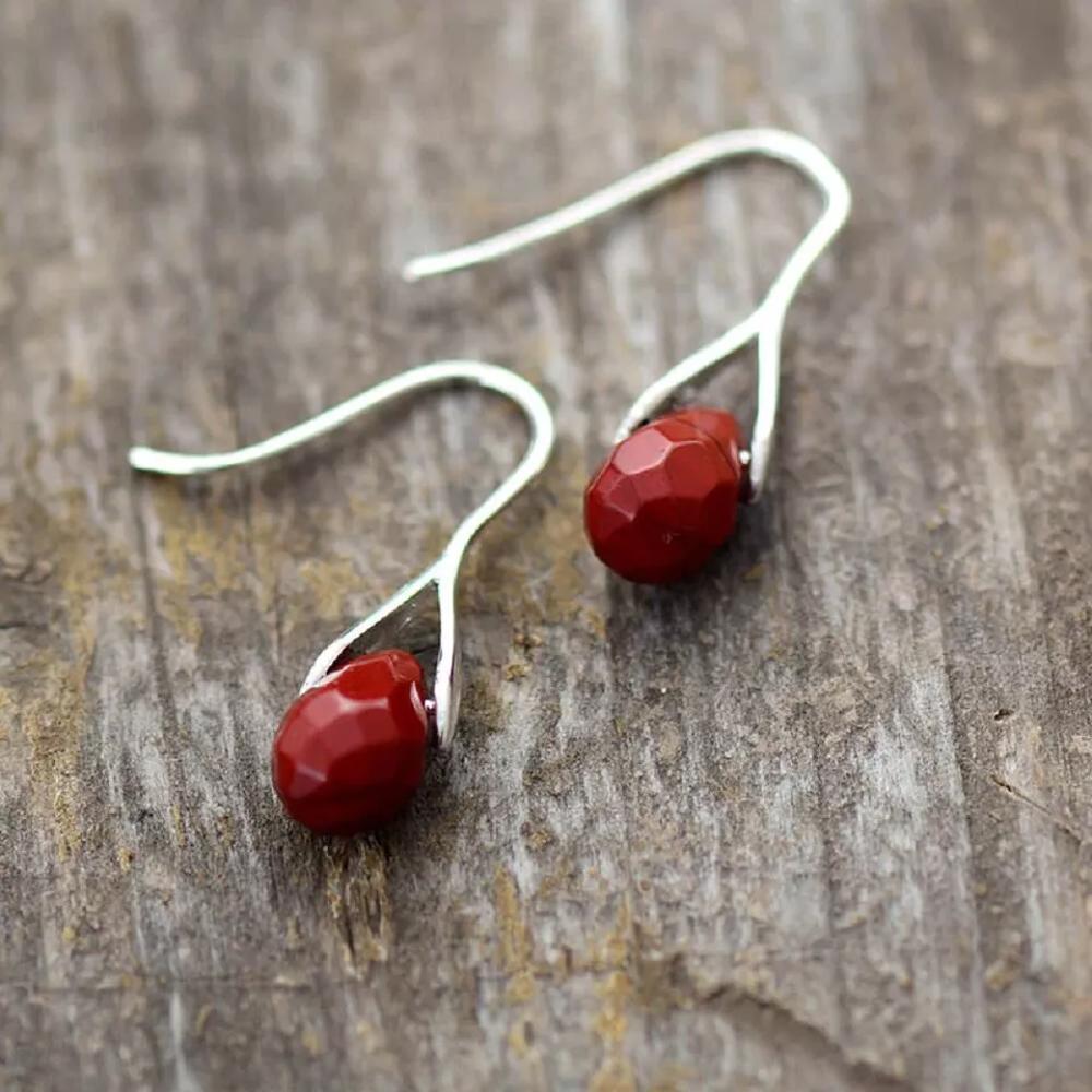 Natural Red Jasper Stone Teardrop Dangle Earrings Red Gemstone Drop Hook Earrings