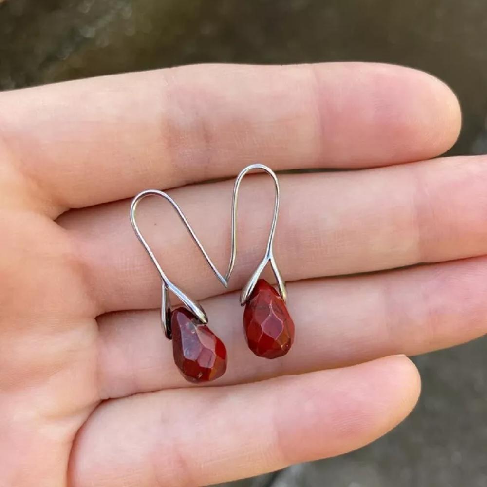 Natural Red Jasper Stone Teardrop Dangle Earrings Red Gemstone Drop Hook Earrings