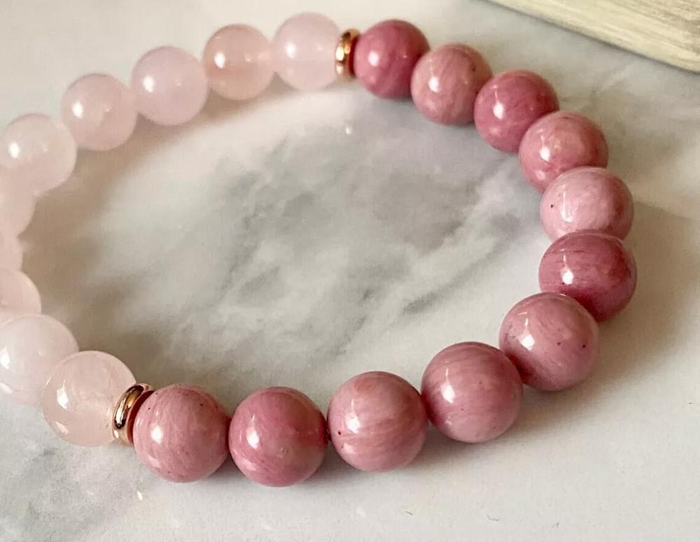 8mm Rose Quartz Rhodonite Stone Bracelet Pink Healing Crystal Stretch Bracelet