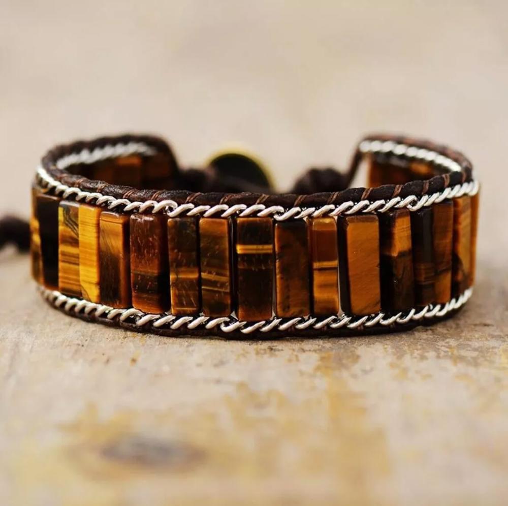 Natural Tiger's Eye Tube Stone Bracelet Brown Stone Braided Bracelet Adjustable