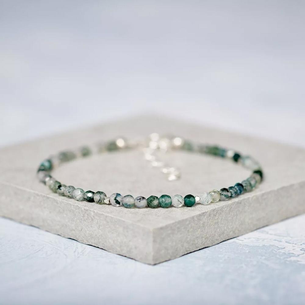 Natural Moss Agate Dainty Bracelet Minimalist Green Agate Crystal Healing Bracelet