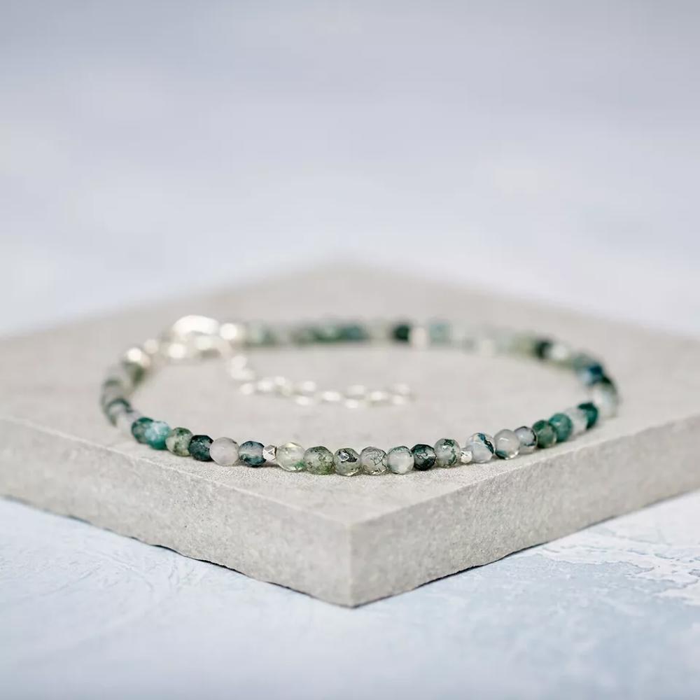 Natural Moss Agate Dainty Bracelet Minimalist Green Agate Crystal Healing Bracelet