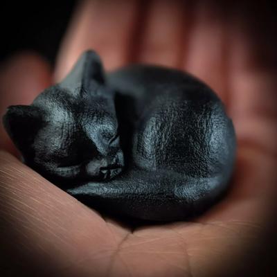 Natural Obsidian Cat Statue Handcrafted Black Crystal Sleeping Kitten