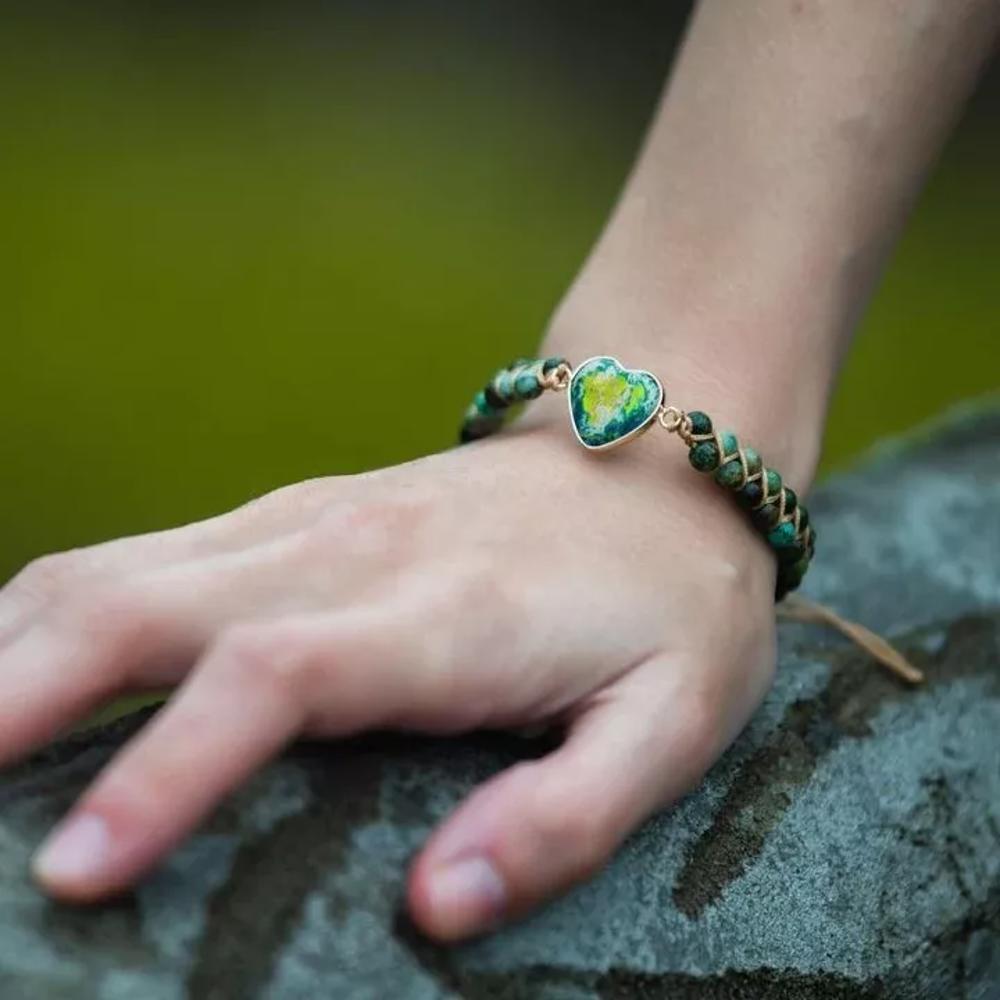 African Turquoise Handmade Bracelet Heart Charm 2 Layer Braided Healing Bracelet