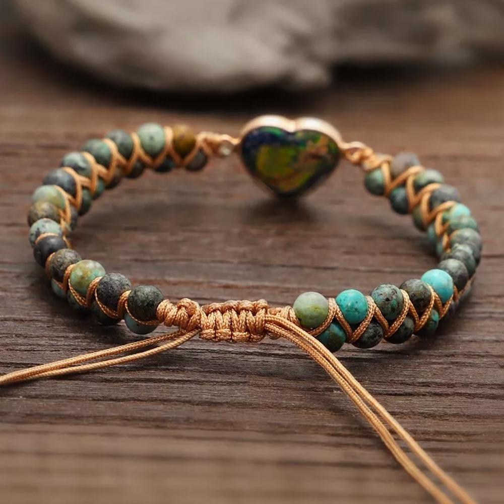 African Turquoise Handmade Bracelet Heart Charm 2 Layer Braided Healing Bracelet