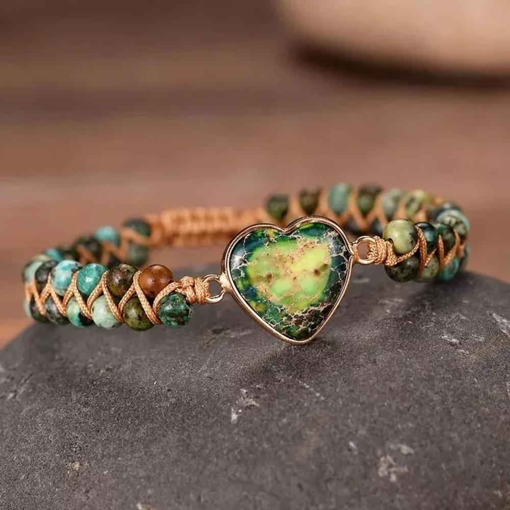 African Turquoise Handmade Bracelet Heart Charm 2 Layer Braided Healing Bracelet