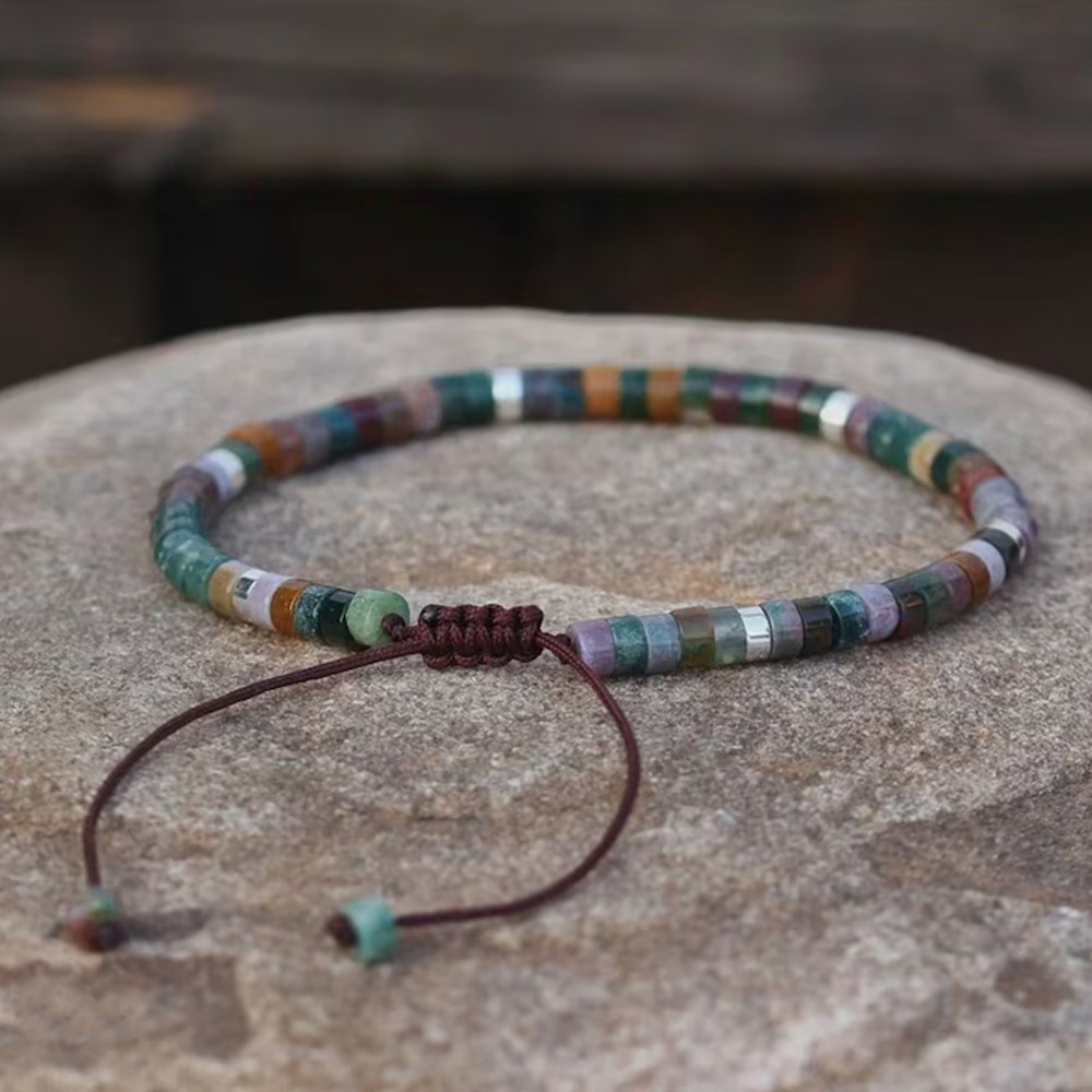 Indian Agate 2x4mm Bead Bracelet, Minimalist Adjustable Dainty Bracelet, Tibetan Boho style Bracelet, Meditation Yoga, Birthday gift