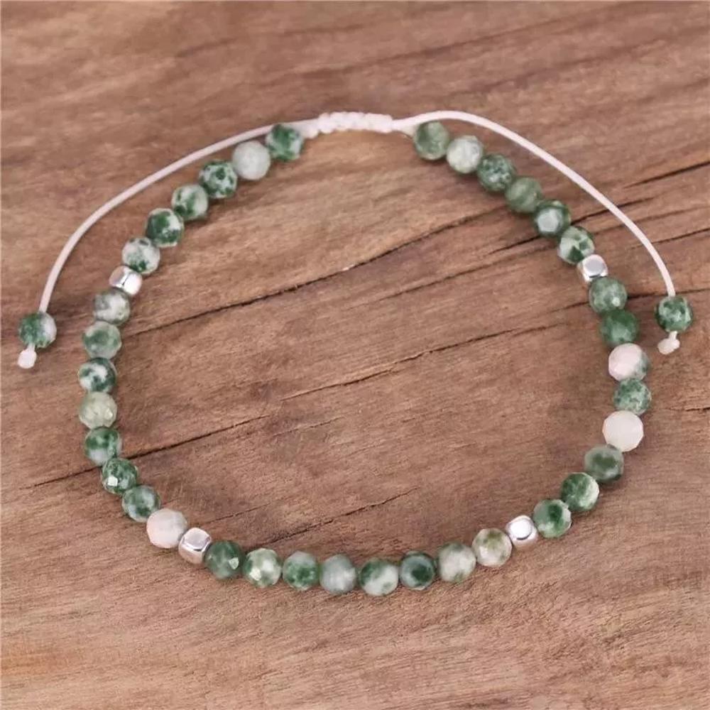 Green Spot Jasper Tibetan Facet Beaded Healing Chakra Dainty Women Bracelet