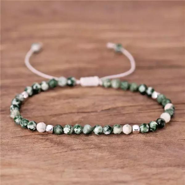 Green Spot Jasper Tibetan Facet Beaded Healing Chakra Dainty Women Bracelet