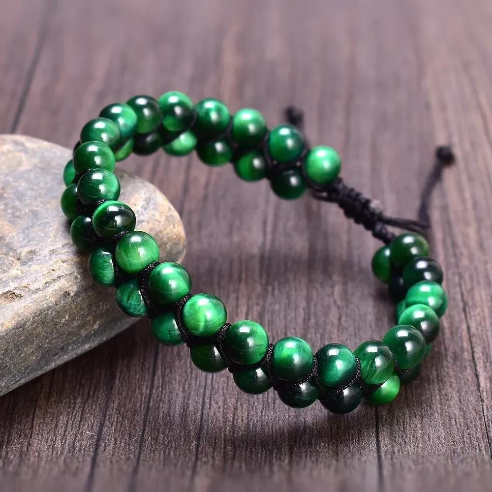 Green Tiger Eye Gemstone Beaded Handmade Healing Protection Women Men Bracelet