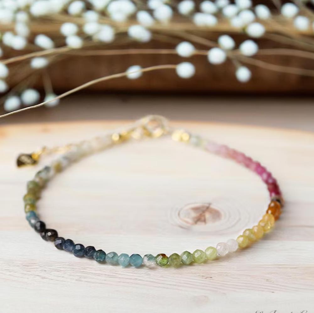 Minimalist Tourmaline Beaded Bracelet, Delicate 2mm Adjustable Tourmaline Natural Stone Bracelet, Healing Protection Aura Stacking Bracelet