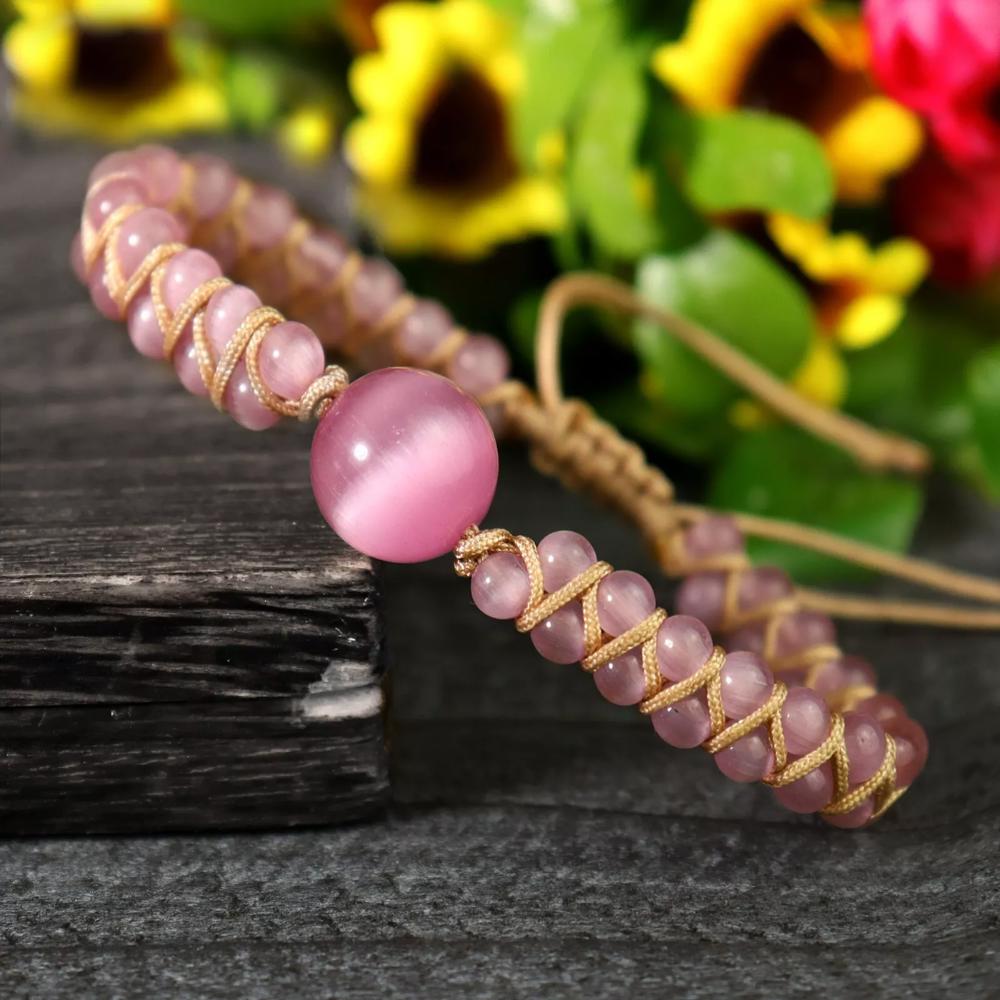 Natural PInk Cat Eye Selenite Braided Beaded Dainty Healing Crystal Bracelet