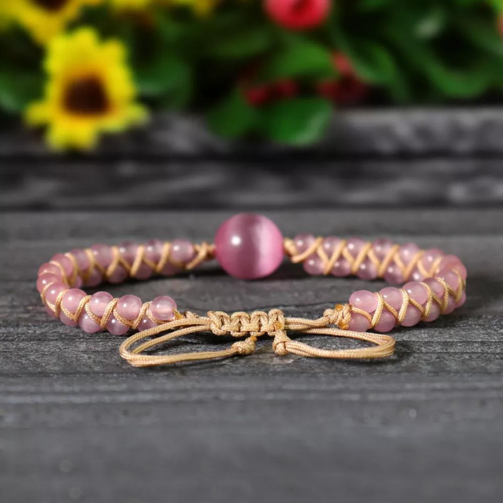 Natural PInk Cat Eye Selenite Braided Beaded Dainty Healing Crystal Bracelet