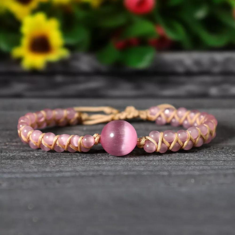 Natural PInk Cat Eye Selenite Braided Beaded Dainty Healing Crystal Bracelet