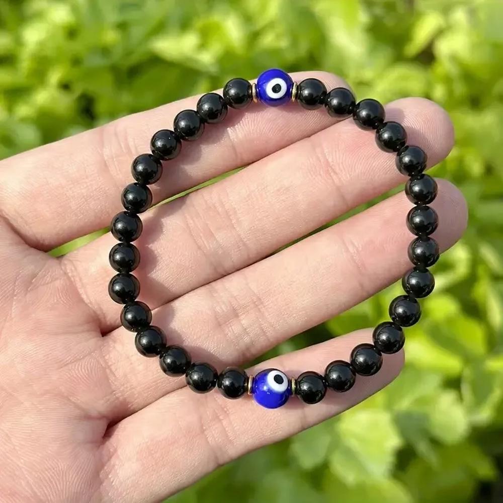 Black Tourmaline with Blue Evil eye Round Beads Gemstone Healing Bracelet Gifts