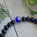  Black Tourmaline with Blue Evil eye Round Beads Gemstone Healing Bracelet Gifts