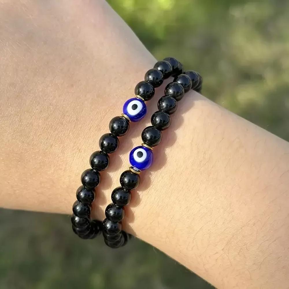 Black Tourmaline with Blue Evil eye Round Beads Gemstone Healing Bracelet Gifts