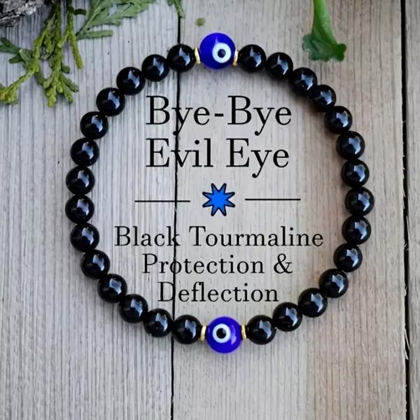 Black Tourmaline with Blue Evil eye Round Beads Gemstone Healing Bracelet Gifts