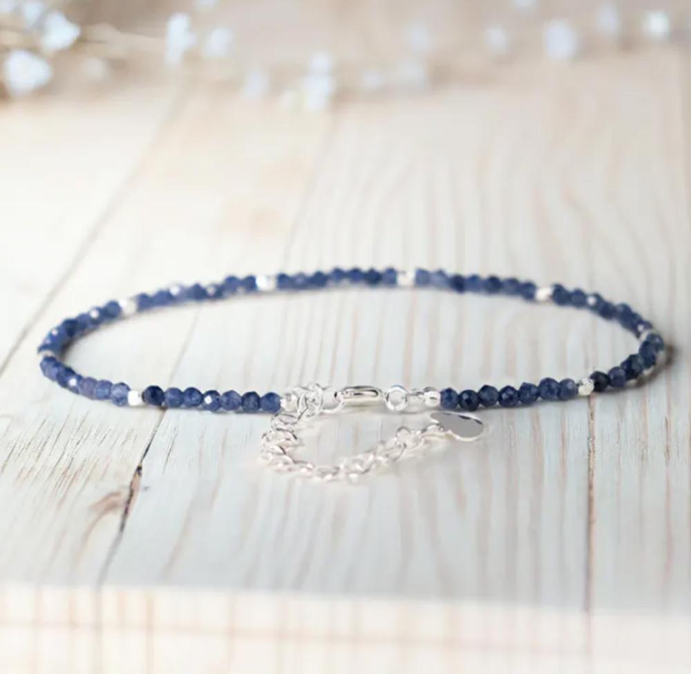 Women Blue Friendship Bracelet Minimalist Blue Gemstone Beaded Bracelet, Delicate 2mm Adjustable Sapphire Natural Stone Bracelet, Healing Protection Aura Stacking Bracelet