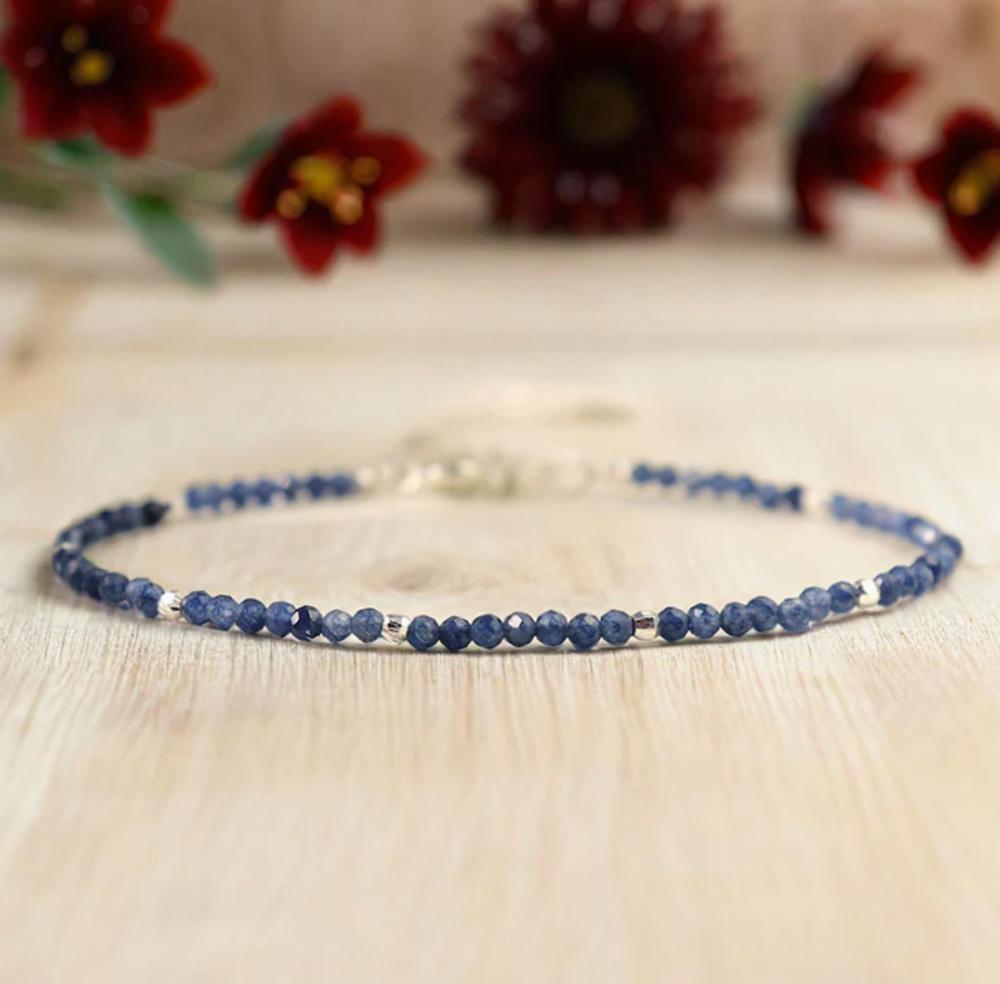 Women Blue Friendship Bracelet Minimalist Blue Gemstone Beaded Bracelet, Delicate 2mm Adjustable Sapphire Natural Stone Bracelet, Healing Protection Aura Stacking Bracelet