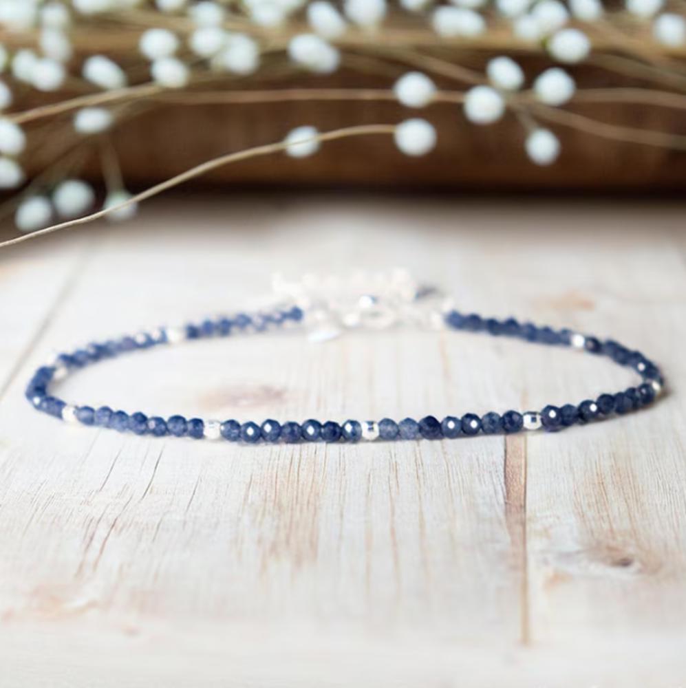 Women Blue Friendship Bracelet Minimalist Blue Gemstone Beaded Bracelet, Delicate 2mm Adjustable Sapphire Natural Stone Bracelet, Healing Protection Aura Stacking Bracelet