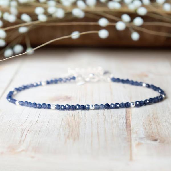 Women Blue Friendship Bracelet Minimalist Blue Gemstone Beaded Bracelet, Delicate 2mm Adjustable Sapphire Natural Stone Bracelet, Healing Protection Aura Stacking Bracelet