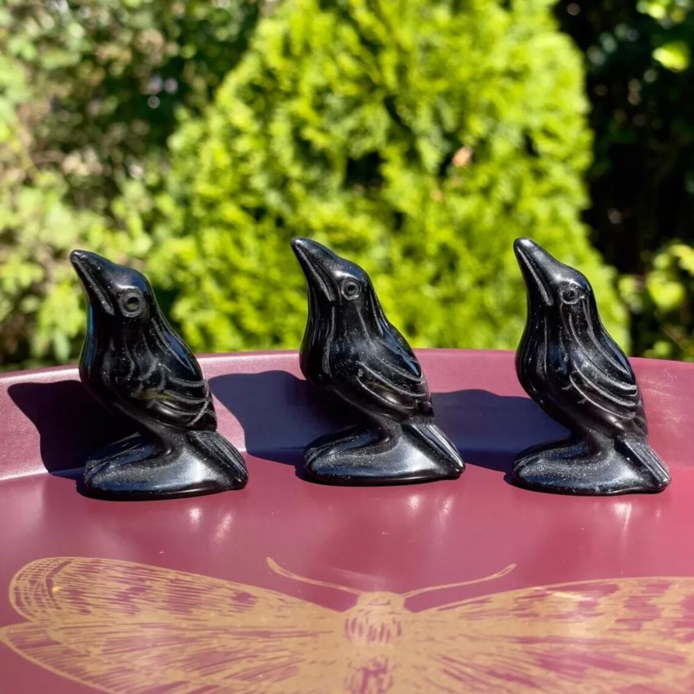 Natural Obsidian Crow Stone Raven Statue Crystal Specimen Minerals Home Decor