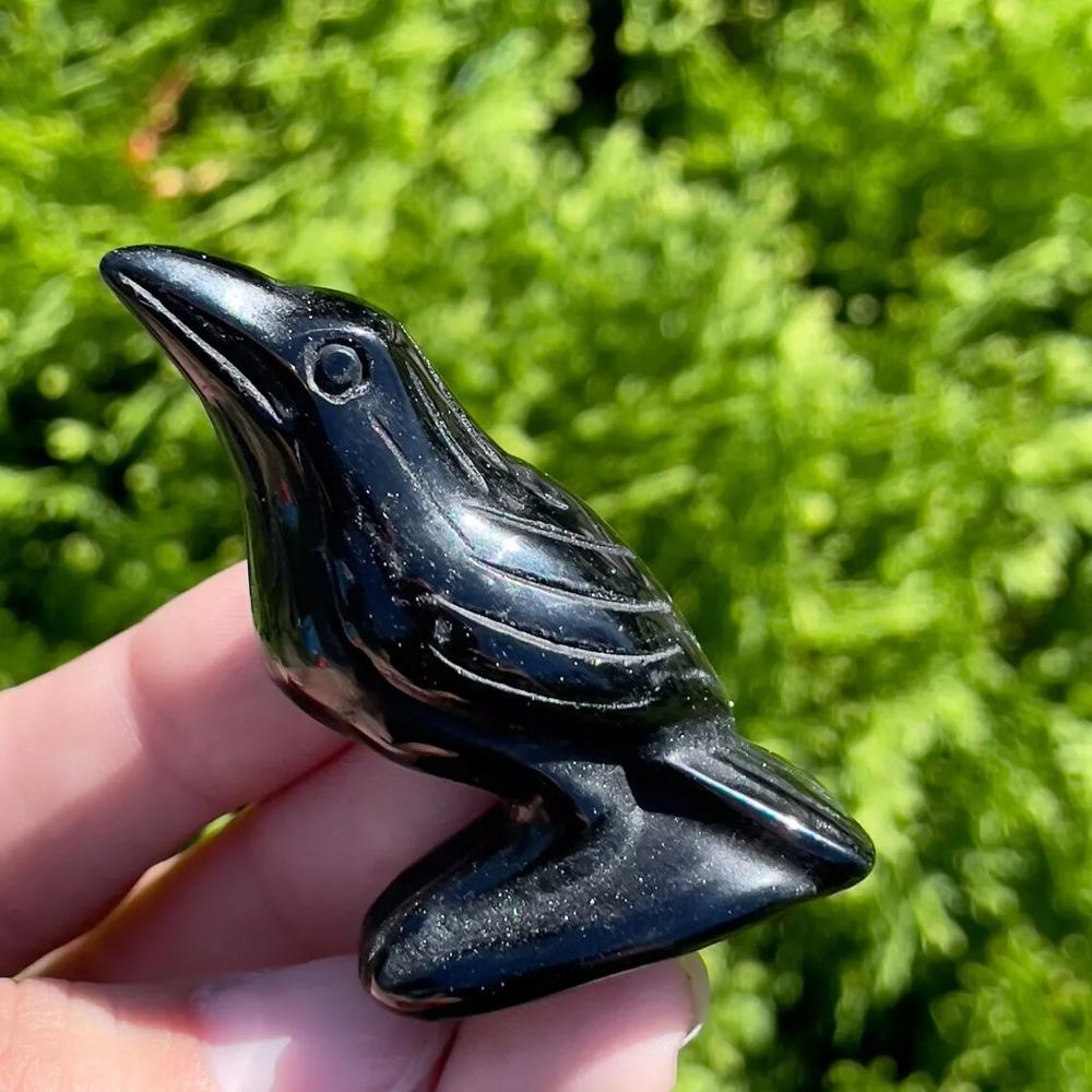 Natural Obsidian Crow Stone Raven Statue Crystal Specimen Minerals Home Decor