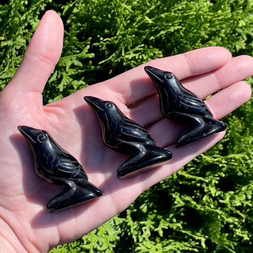 Natural Obsidian Crow Stone Raven Statue Crystal Specimen Minerals Home Decor