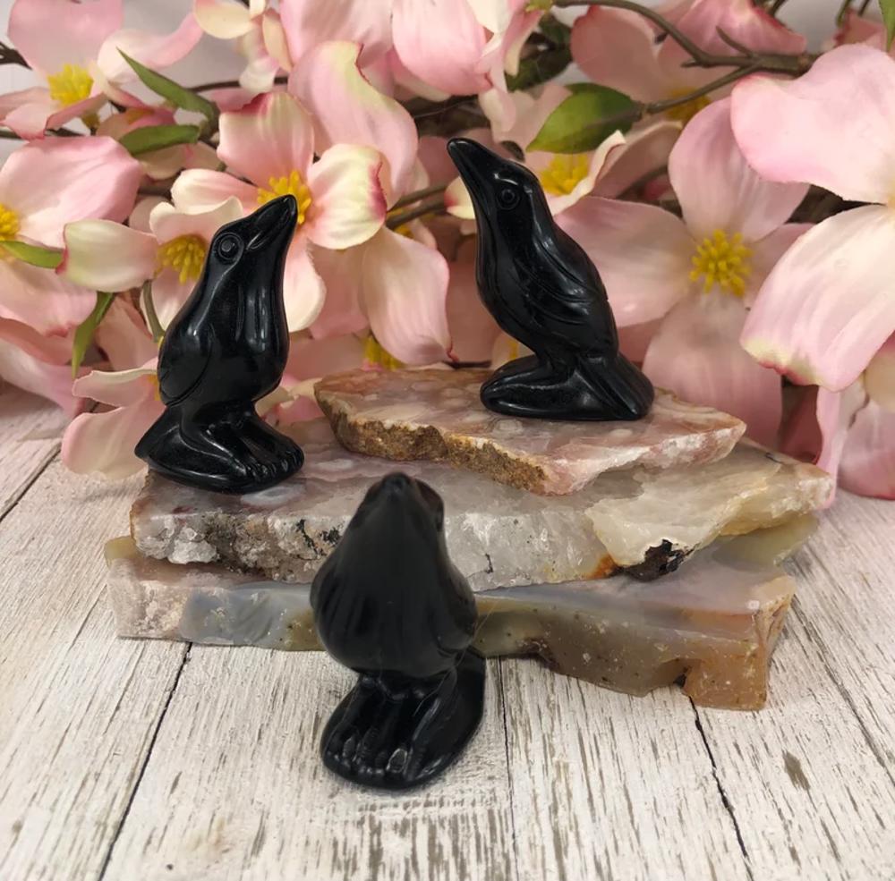 Natural Obsidian Crow Stone Raven Statue Crystal Specimen Minerals Home Decor