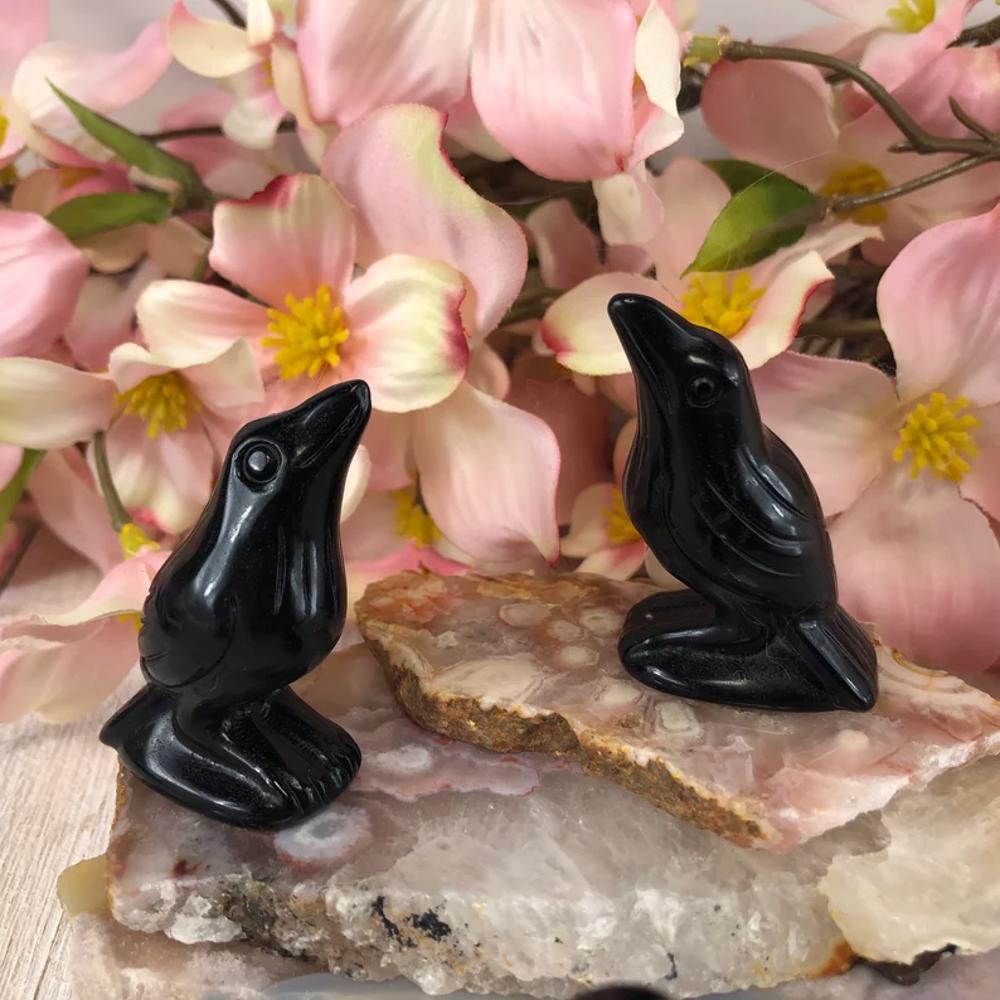 Natural Obsidian Crow Stone Raven Statue Crystal Specimen Minerals Home Decor