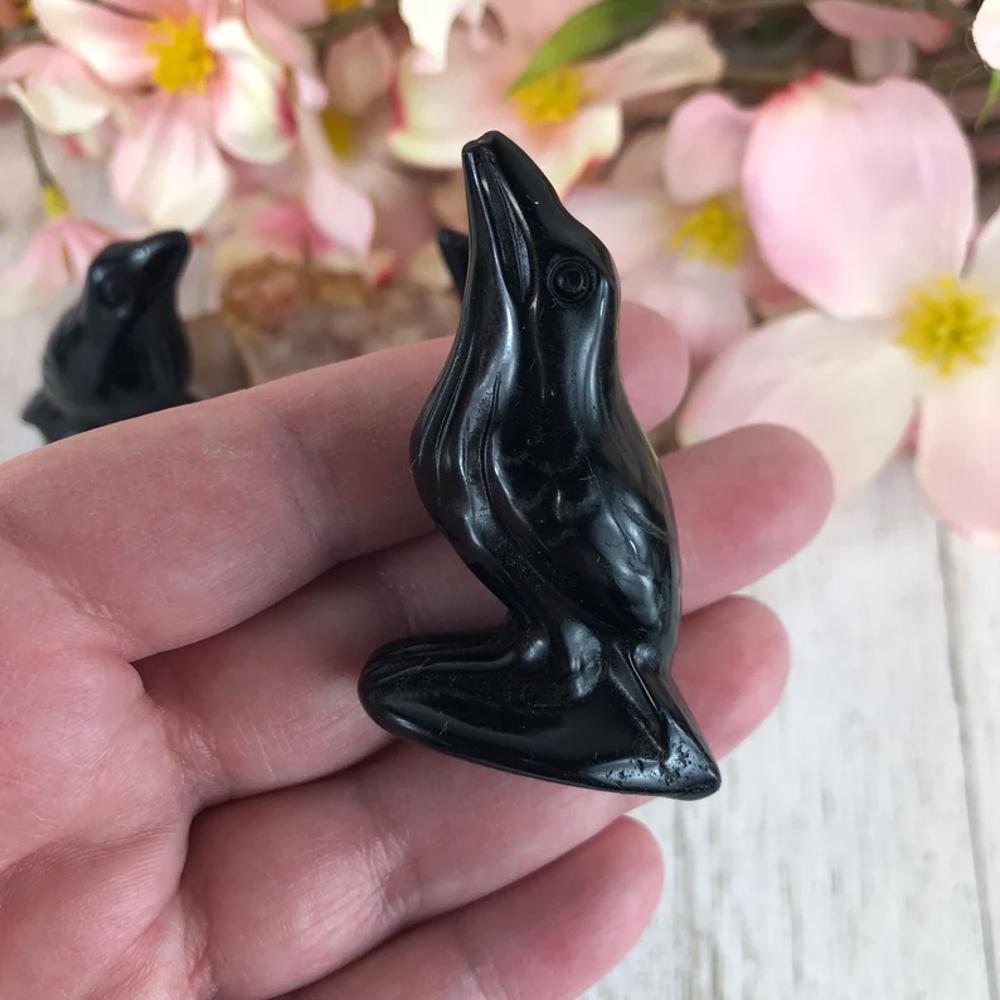 Natural Obsidian Crow Stone Raven Statue Crystal Specimen Minerals Home Decor