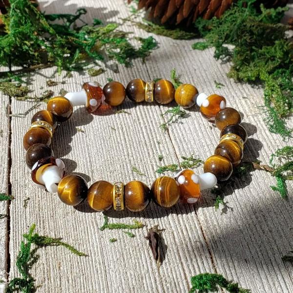 Mushroom Crystal Healing Bracelet Tigers Eye Stone Stretch Bracelet Gift