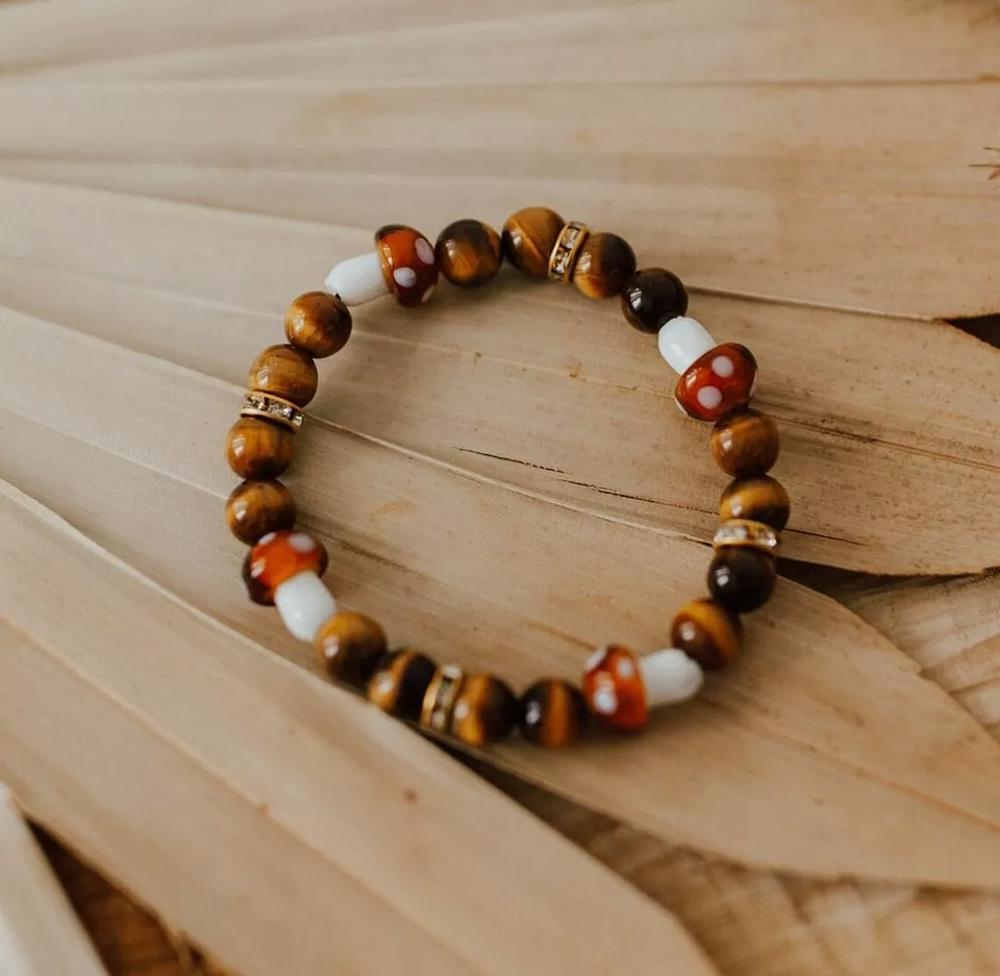 Mushroom Crystal Healing Bracelet Tigers Eye Stone Stretch Bracelet Gift