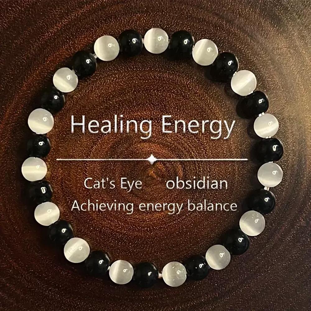 Natural Cat Eye Selenite Black Obsidian Beaded Healing Energy Stretch Bracelet