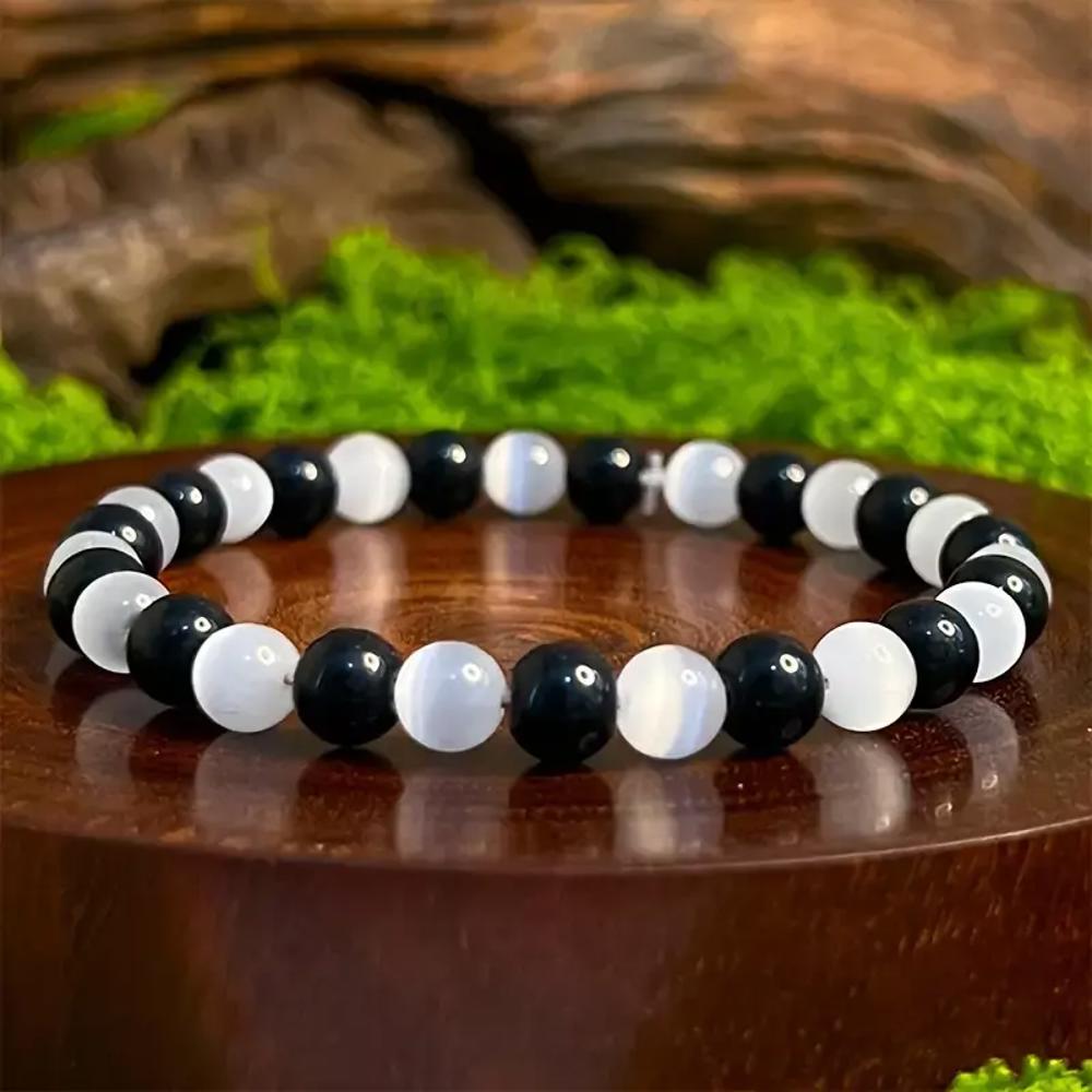 Natural Cat Eye Selenite Black Obsidian Beaded Healing Energy Stretch Bracelet