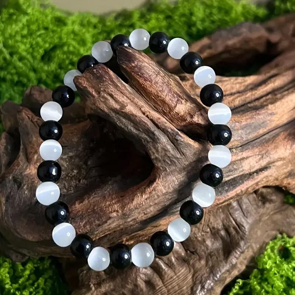 Natural Cat Eye Selenite Black Obsidian Beaded Healing Energy Stretch Bracelet