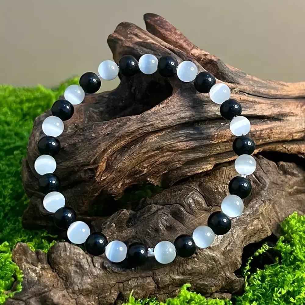 Natural Cat Eye Selenite Black Obsidian Beaded Healing Energy Stretch Bracelet