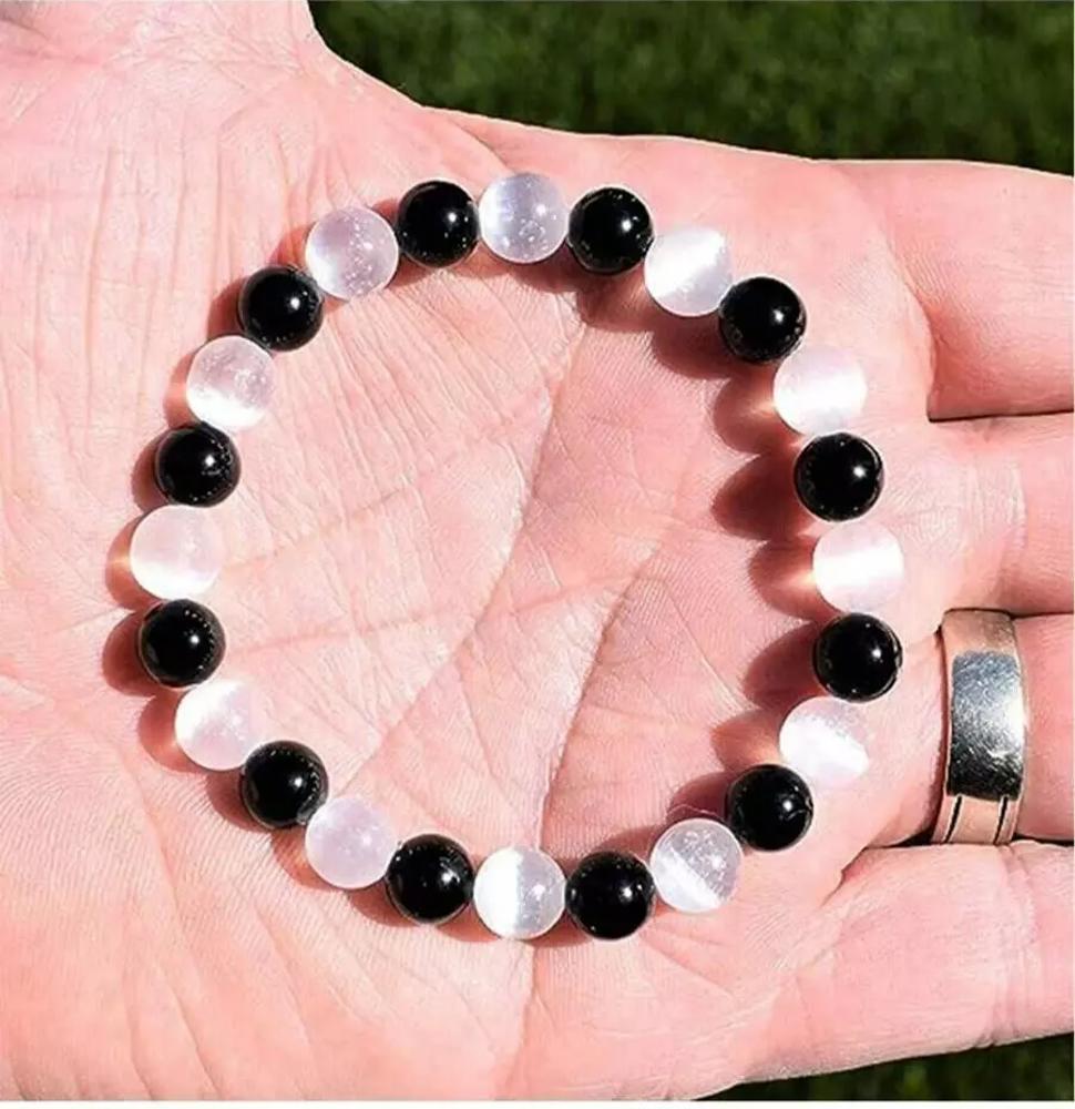 Natural Cat Eye Selenite Black Obsidian Beaded Healing Energy Stretch Bracelet