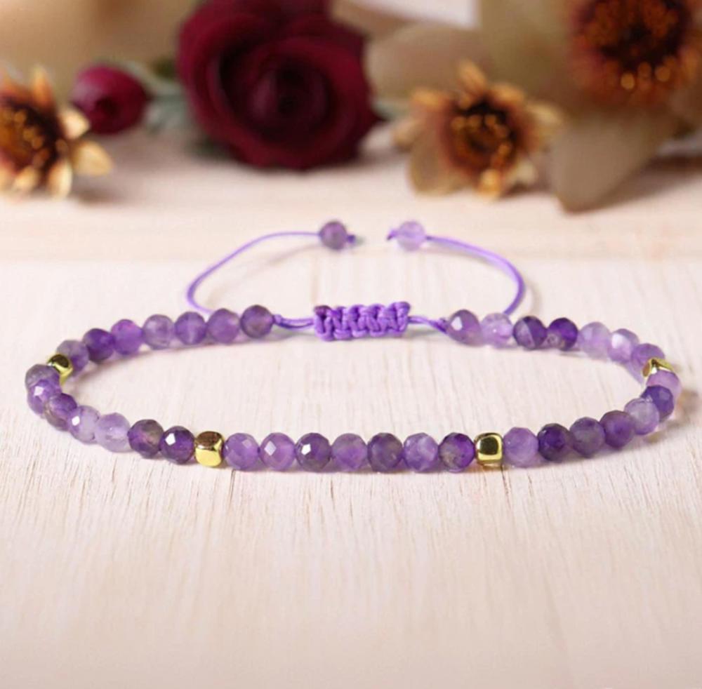 Amethyst Beaded Bracelet, 3mm Tiny Purple Crystal Adjustable Bracelet, February Birthstone, Healing Protection Aura Stacking Dainty Bracelet