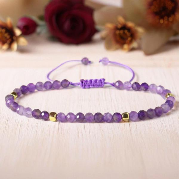 Amethyst Beaded Bracelet, 3mm Tiny Purple Crystal Adjustable Bracelet, February Birthstone, Healing Protection Aura Stacking Dainty Bracelet