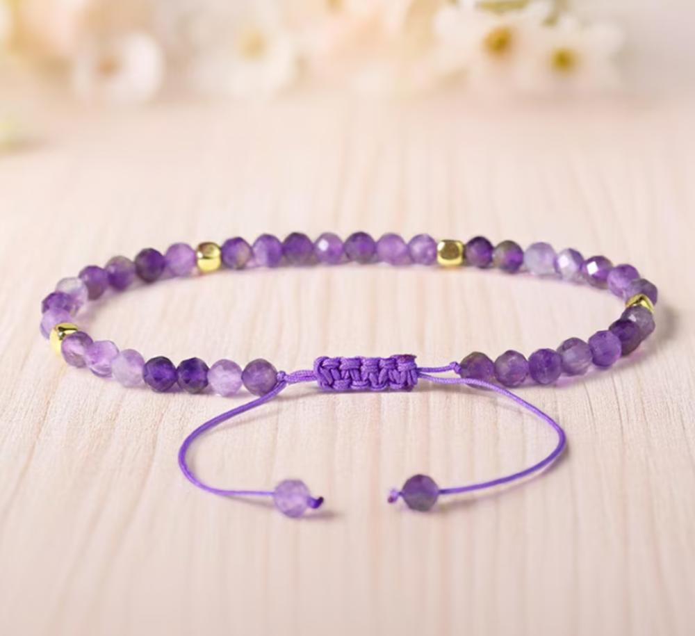 Amethyst Beaded Bracelet, 3mm Tiny Purple Crystal Adjustable Bracelet, February Birthstone, Healing Protection Aura Stacking Dainty Bracelet