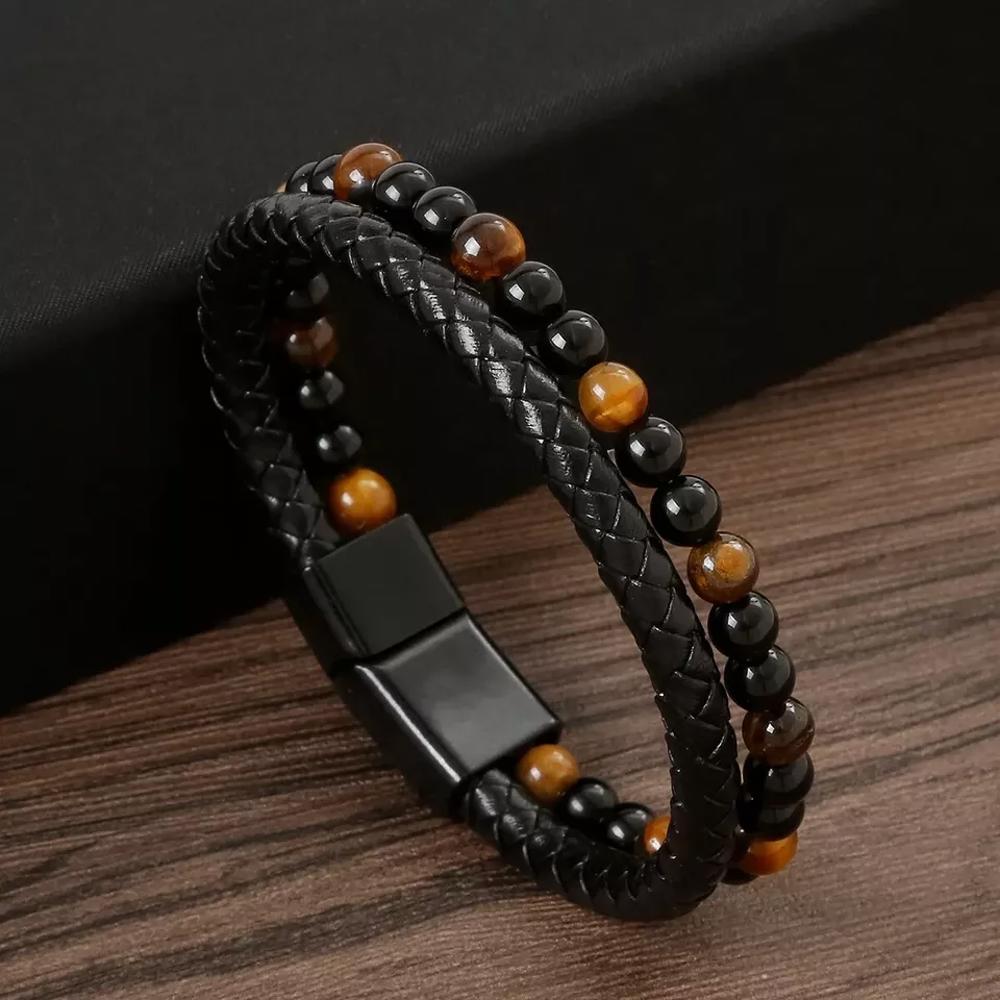 Triple Protection Tiger eye Onyx Obsidian Beads Leather Men's Healing Bracelet 8 inches