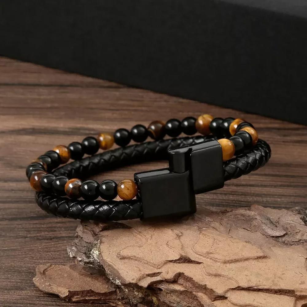 Triple Protection Tiger eye Onyx Obsidian Beads Leather Men's Healing Bracelet 8 inches